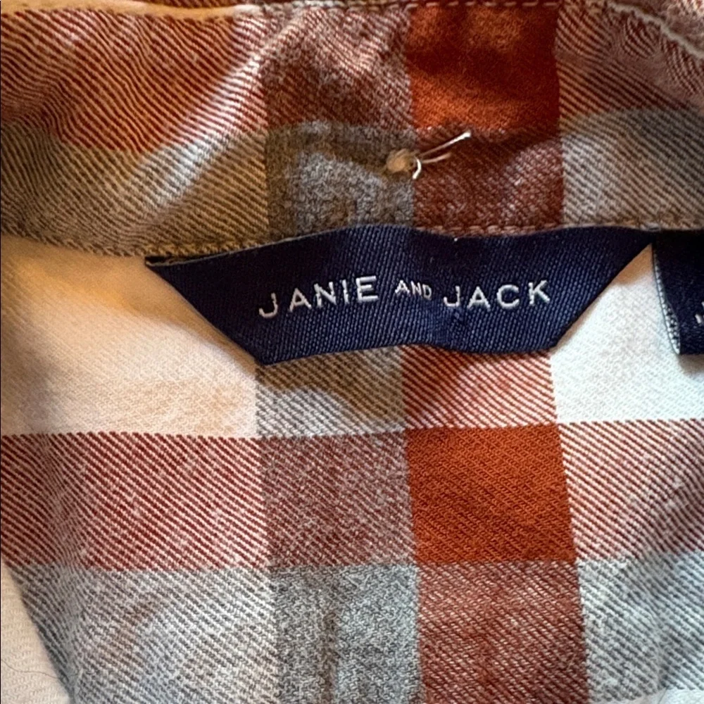 Janie and Jack sz 3 brown, white, and grey plaid button down flannel shirt